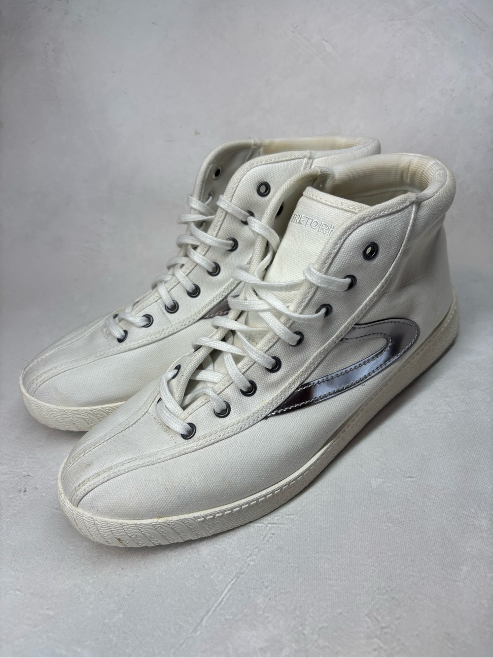 Tretorn White High-Top Canvas  Sneakers with Silver Metallic Accent, size 11